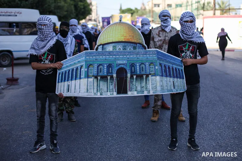 Palestinian supporters of the Fatah movement take part in a demonstration against Israel's West Bank annexation plans, in Gaza City on July 1, 2020. Israel's Prime Minister Benjamin Netanyahu, emboldened by the US Mideas...