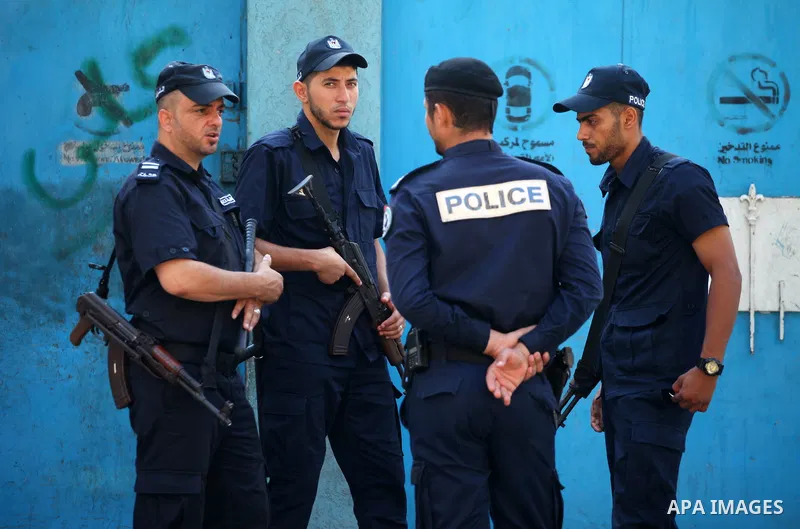 Palestinian policemen inspect the damage after an explosion at a United Nations-run school in Gaza City, on August 13, 2020. An unexploded missile fired by an Israeli warplane was discovered this morning in an elementary...