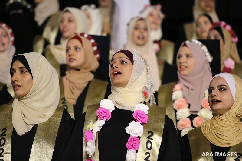 Palestinian students attend their graduation ceremony at Islamic University in Gaza city on August 23, 2020. Photo by Mahmoud Ajjour