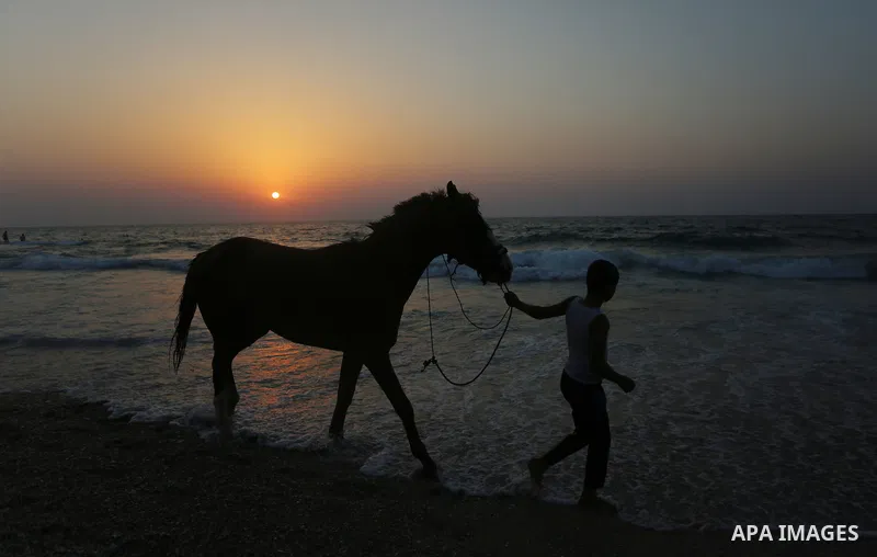 Palestinians enjoy at the beach, amid the coronavirus disease (COVID-19) outbreak, in Dair Al Balah in the central of Gaza Strip on September 11, 2020. Photo by Ashraf Amra