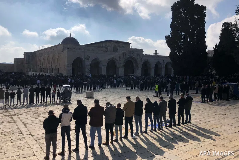 Palestinian Muslim worshippers perform the Friday prayer inside the al-Aqsa mosque compound, Islam's third holiest site, in Jerusalem's Old City on December 18, 2020. Photo by Abdalrahman nader Alami