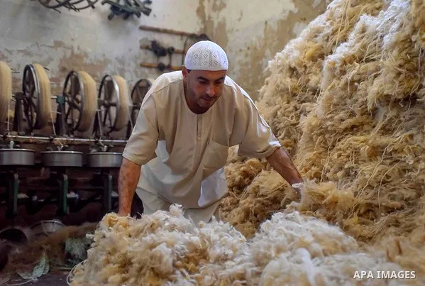 A worker prepares wool for production in a factory in Beheira Governorate, Egypt on September 3, 2016. Photo by Amr Sayed