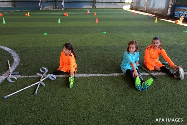 Disabled Palestinians who lost their legs, take part in the Football training, organized by the Palestine Association of the Football amputation and International Committee of the Red Cross, in Dair Al Balah in the centr...