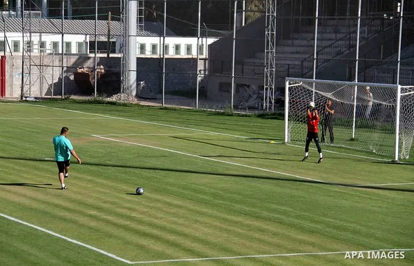 Palestinian players of Hilal al-Quds football club participate the final training session before their first leg match of the Palestine Cup final with Shabab Khan Younis football club at the Palestine Stadium in Gaza Cit...