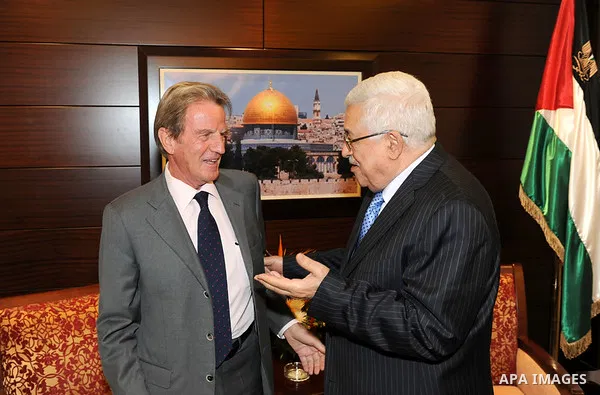 Palestinian President Mahmoud Abbas (Abu Mazen) during a meeting with the prime FIFA World Football Federation, Mr. Blatter, and Prince Ali bin Hussein, head of the Jordanian Federation of football in the west bank city...