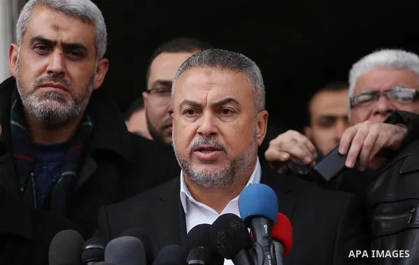 Senior Hamas leader Ismail Radwan, speaks during a press conference on the visit of US Vice President Mike Pence to Jerusalem, in Gaza city on January 23, 2018. Photo by Mohammed Asad