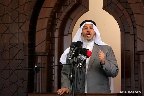 Senior Hamas leader Khalil al-Hayah speaks during the opening of the mosque of Mazen Faqha, in Zawayda in the central Gaza Strip on May 26, 2017. Photo by Ashraf Amra