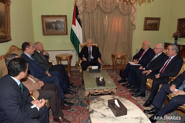 Palestinian President Mahmoud Abbas meets with secretary General of the League of Arab States Abo Al Gheit in Cairo, Egypt on January 31, 2020. Photo by Thaer Ganaim