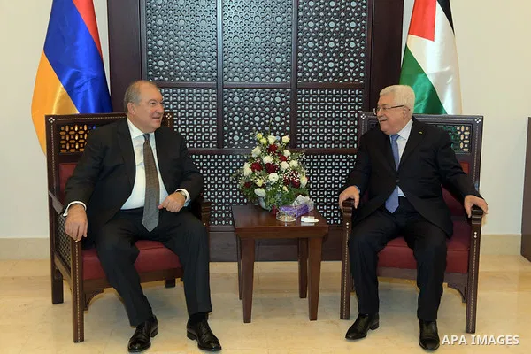 Palestinian President Mahmoud Abbas, meets with Armenian President, in the West Bank city of Bethlehem, on January 24, 2020. Photo by Thaer Ganaim