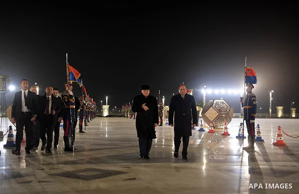 Palestinian President Mahmud Abbas and Egyptian President Abdel Fattah El-Sisi arriving to attend the opening ceremony of the Mosque of Al-Simea Al-Alim and the inauguration of the Cathedral of the Nativity of Christ in...
