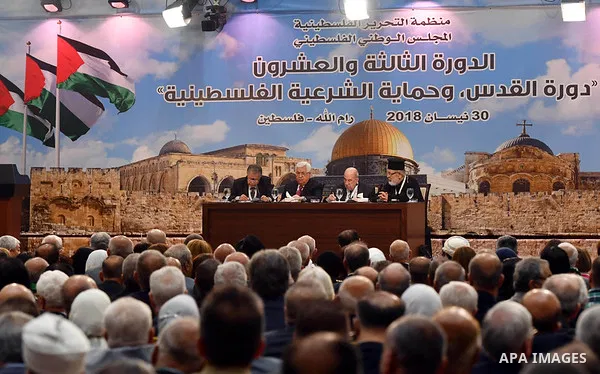 Palestinian President Mahmoud Abbas attends the Palestinian National Council meeting in the West Bank city of Ramallah, on April 30, 2018. Photo by Thaer Ganaim