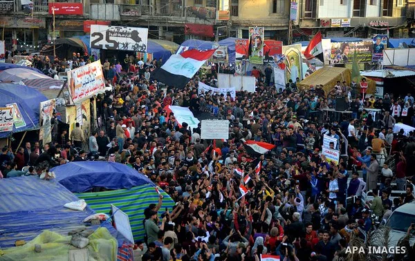 Iraqi protesters take part in an anti-government demonstration in Iraq's southern city of Nasiriyah in Dhi Qar province, on February 28, 2020. Photo by Wadaa al-Aumry