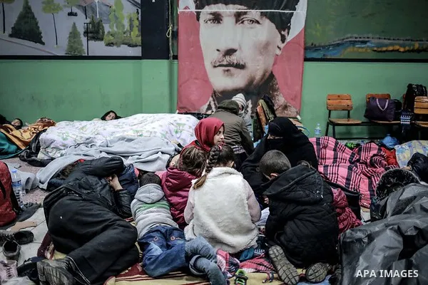 A picture taken on March 1, 2020. Refugees sleep in a makeshift refugee centre established in Edirne region, at the Turkish-Greek border. Migrants and refugees hoping to enter Greece from Turkey appeared to be fanning ou...