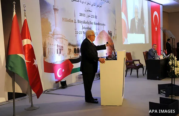 Palestinian President Mahmud Abbas and Turkish Prime Minister Recep Tayyip Erdogan attend the Palestinian ambassadors meeting in Istanbul on July 23, 2011. Mahmud Abbas said Saturday that the Palestinians' bid for UN mem...