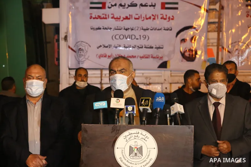 Hamas leader, Ghazi Hamad, speaks during a press conference during the entry of medical aid from the United Arab Emirate, in Rafah border crossing in the southern of Gaza Strip, on January 10, 2021. The second shipment o...
