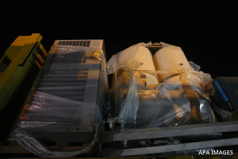 Palestinians receive medical aid from the United Arab Emirate, in Rafah border crossing in the southern of Gaza Strip, on January 10, 2021. The second shipment of Emirati medical aid arrived in the Gaza Strip this evenin...