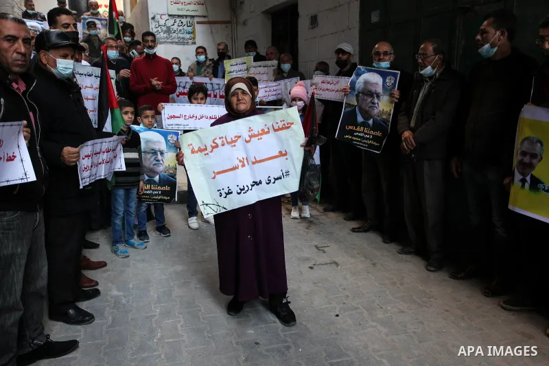 Freed Palestinian prisoners, take part in a protest to demand their rights and salaries, in Gaza city, January 11, 2021. The worst year for prisoners in Israeli jails where some 4,400 Palestinians are currently incarcera...