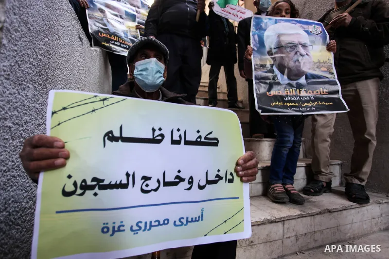 Freed Palestinian prisoners, take part in a protest to demand their rights and salaries, in Gaza city, January 11, 2021. The worst year for prisoners in Israeli jails where some 4,400 Palestinians are currently incarcera...