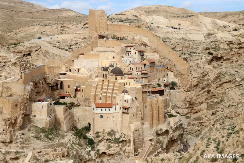 A picture shows the Greek Orthodox monastery of Saint Sabbas (Mar Saba), overlooking the Kidron valley, south of the West Bank city of Bethlehem, on January 17,2021. Is a Greek Orthodox monastery overlooking the Kidron V...