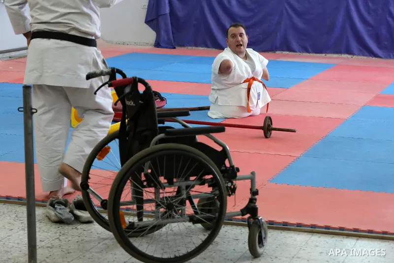 Disabled Palestinian man Youssef Abu Amira, 24, practices Karate in a club, in Gaza City January 25, 2021. Para-karate is the newest evolution of the martial art discipline that evolved in Japan. The new class of karate...