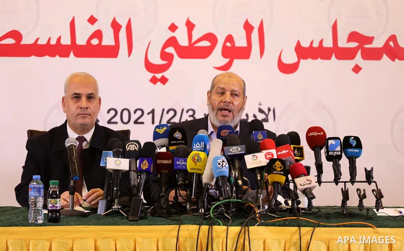 Khalil al-Hayya, a member of the political bureau of Hamas, speaks during a meeting about the first stage elections for the Palestinian National Council, in Gaza city, on February 3, 2021. The 2021 Palestinian general el...