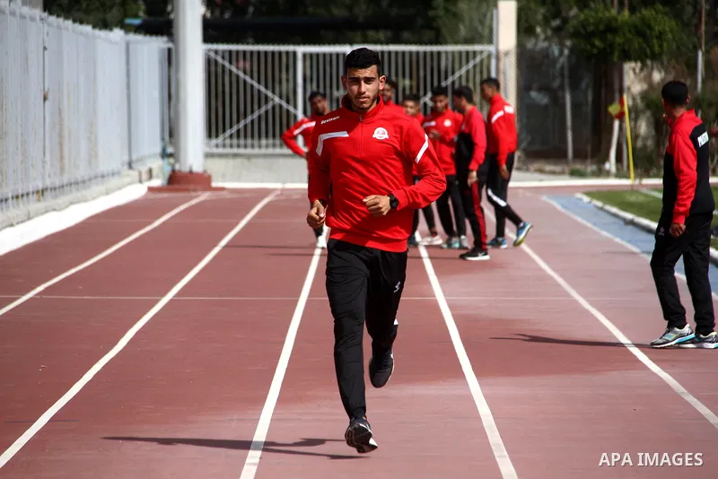 Palestinian players from the Palestinian Athletics National Team take part in training exercises in a stadium in Gaza City on February 8, 2021. Palestine first competed at the Summer Olympics, in 1996. The Palestinian Na...