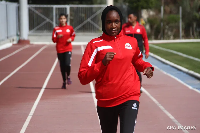 Palestinian players from the Palestinian Athletics National Team take part in training exercises in a stadium in Gaza City on February 8, 2021. Palestine first competed at the Summer Olympics, in 1996. The Palestinian Na...