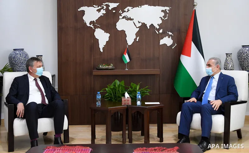 Palestinian Prime Minister Mohammad Ishtayeh, meets with the Commissioner-General of UNRWA, Philippe Lazzarini, in the West Bank city of Ramallah, February 9, 2021. Photo by Prime Minister Office