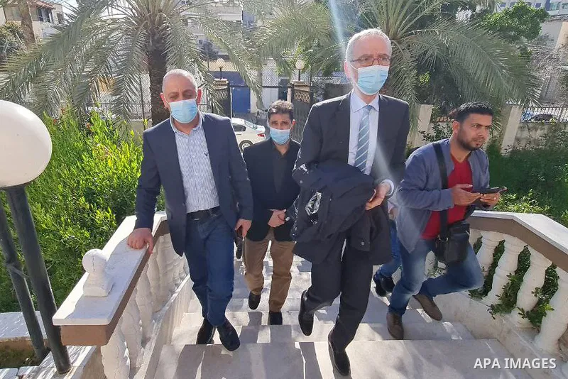 A delegation from the Palestinian Central Elections Commission arrives in the Gaza Strip, on February 09, 2021. On Tuesday, a delegation from the Palestinian Central Elections Commission arrived in the Gaza Strip, via th...