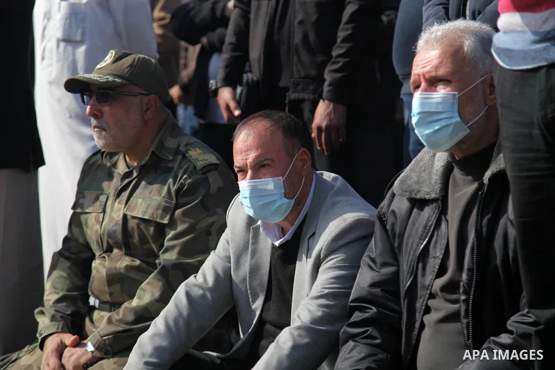Senior Hamas leader Fathi Hammad, takes part in a funeral of the leader Ibrahim Al-Yazuri,80, who died of the coronavirus (COVID-19) pandemicin, Gaza City on February 12, 2021. Al-Yazuri is one of the founders of the Ham...