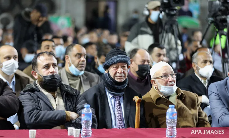 Senior Hamas leaders attend a memorial service for leader Ibrahim Al-Yazuri, who died of the coronavirus (COVID-19) pandemicin, Gaza City on February 14, 2021. Photo by Mahmoud Nasser