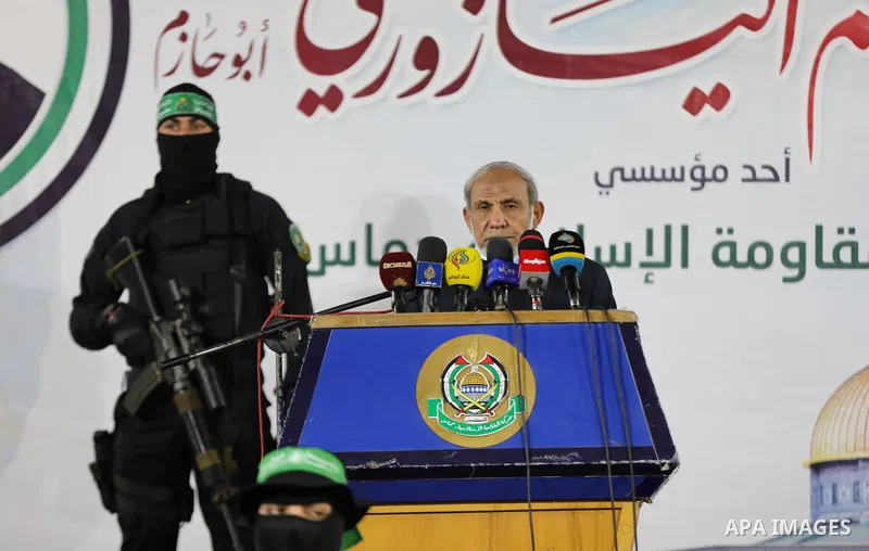 Senior Hamas leader Mahmoud al-Zahar, speaks during a memorial service for leader Ibrahim Al-Yazuri, who died of the coronavirus (COVID-19) pandemicin, Gaza City on February 14, 2021. Photo by Mahmoud Nasser
