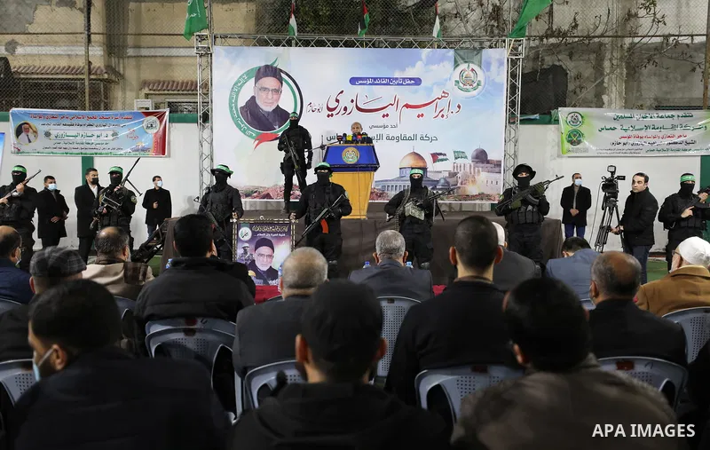 Senior Hamas leader Mahmoud al-Zahar, speaks during a memorial service for leader Ibrahim Al-Yazuri, who died of the coronavirus (COVID-19) pandemicin, Gaza City on February 14, 2021. Photo by Mahmoud Nasser