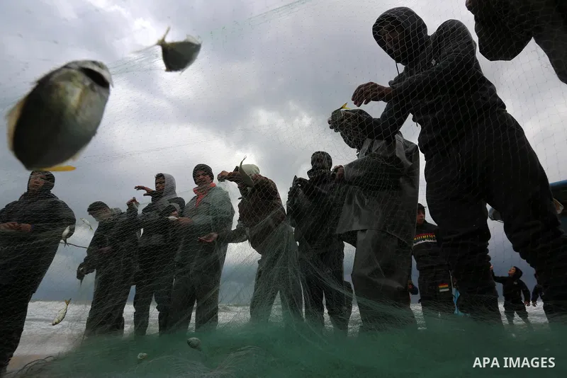 Palestinian fishermen collect caught fish from their nets on the beach in Deir al-Balah, in the central of Gaza Strip, on February 19, 2021. The bad weather and snow that hit Palestine yesterday led to the disruption of...