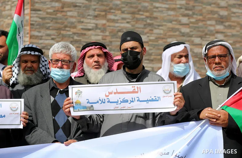 Members of the Palestine Scholars Association, take part in a protest in support for Al-Aqsa Mosque and Al-Quds, on the International Jerusalem Week, in Gaza city of March 10, 2021. Al-Aqsa Mosque compound, which include...