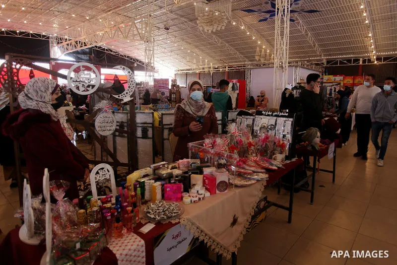 Palestinians attend an exhibition entitled "Palestinian mirrors" in Gaza City, on March 10, 2021. Palestinian handicrafts are handicrafts produced by Palestinian people. A wide variety of handicrafts, many of which have...