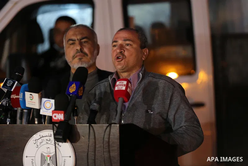 Palestinian leader in the Fatah movement, Emad Mohsen, speaks during a press conference during the arrival of a truck loaded with Russia's Sputnik V vaccine sent by United Arab Emirates, amid the coronavirus disease (COV...