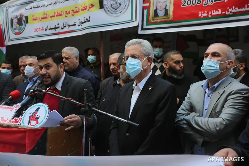 Palestinians take part in a protest take part in a protest on the Palestinian Wounded's Day, in Gaza city, on March 13, 2021. Al-Mezan Center for Human Rights said that more than (250,000) Palestinians were injured by th...