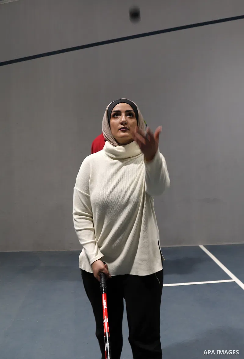 A Palestinian woman plays squash, at Champions Academy, in Gaza city on March 15, 2021.The only squash academy in the Gaza Strip. Squash has its origins in the older game of rackets which was played in London's prisons i...