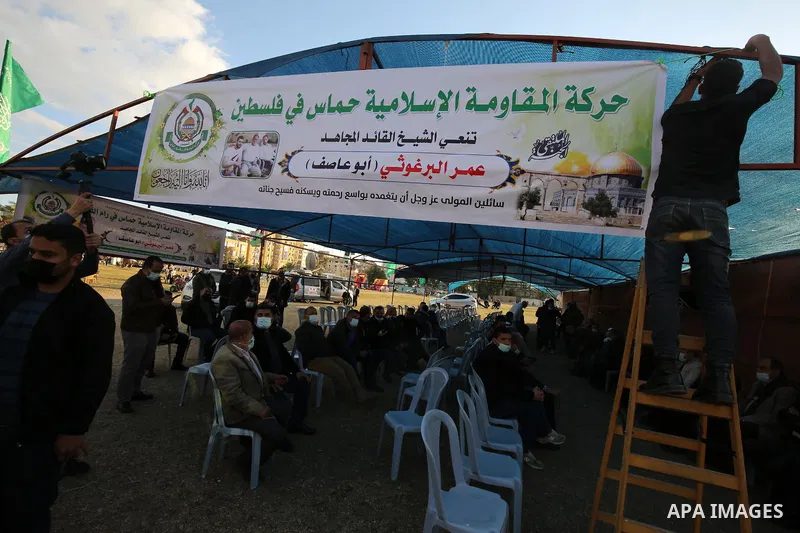 Palestinians attend the consolation of the liberated prisoner Omar Barghouti, who died of the coronavirus (COVID-19) pandemic, in Gaza city, on March 25, 2021. The United States will send $15 million to the Palestinians...