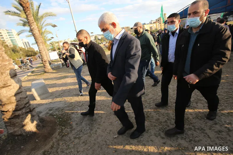 Hamas leader in the Gaza Strip Yahya Sinwar, attends the consolation of the liberated prisoner Omar Barghouti, who died of the coronavirus (COVID-19) pandemic, in Gaza city, on March 25, 2021. The United States will send...