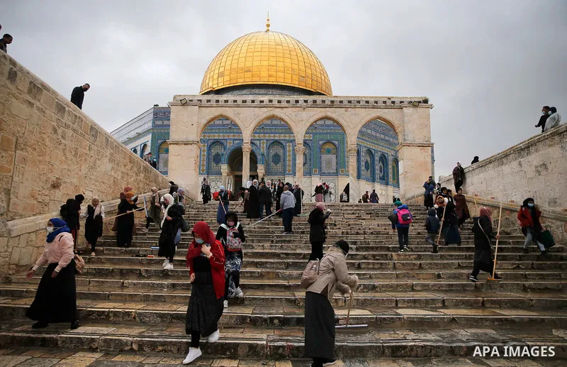 Palestinian volunteers clean Al-Aqsa Mosque compound, ahead the Muslims holy month of Ramadan, in Jerusalem old city on April 10, 2021. Celebrations in Jerusalem for Ramadan this year will certainly be quieter than befor...