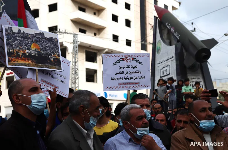 Palestinian supporters of the Popular Front for the Liberation of Palestine, take part in a protest in support of the Al-Aqsa Mosque in Gaza city, on April 24, 2021. The Jerusalem uprising, as it has been dubbed (in Arab...