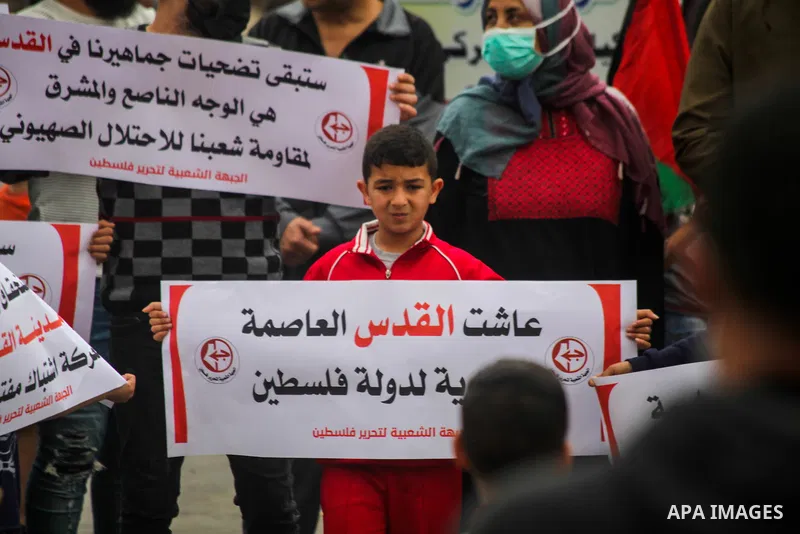 Palestinian supporters of the Popular Front for the Liberation of Palestine, take part in a protest in support of the Al-Aqsa Mosque in Jabalia camp, northern Gaza Strip, on April 24, 2021. The Jerusalem uprising, as it...