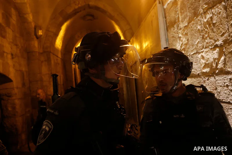 Israeli police during clashes between Israeli police and Palestinian protesters, next to Damascus gate of Jerusalem's old city, 24 April 2021. The protest became nightly since the start of the Muslim holy month of Ramada...