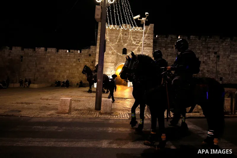 Israeli police during clashes between Israeli police and Palestinian protesters, next to Damascus gate of Jerusalem's old city, 24 April 2021. The protest became nightly since the start of the Muslim holy month of Ramada...