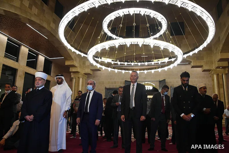 Palestinian Prime Minister Mohammed Ishtayeh, attends the opening of the Qatar Mosque in the West Bank city of Rawabi on May 05, 2021. Photo by Prime Minister Office