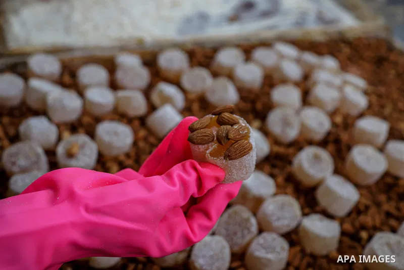 Palestinians prepare sweet known in Arabic as "Halkoum" to be sold ahead of the Eid al-Fitr holiday, at a factory in Gaza City on May 09, 2021. Eid al-Fitr this year is different in light of the COVID-19 pandemic. Eid al...