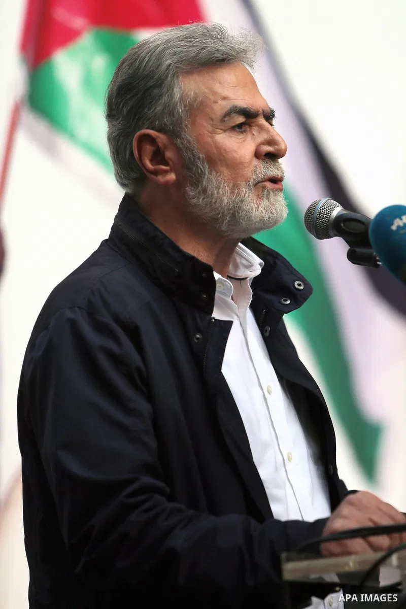 Ziad Nakhaleh, the leader of the Palestinian Islamic Jihad group speaks during a rally organized by Lebanon's militant Hezbollah group to express solidarity with the Palestinian people, in the southern suburb of Beirut,...
