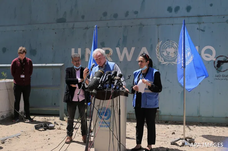 Matthias Schmale, UNRWA's director in Gaza, speaks during a news conference in front of the UNRWA headquarters in Gaza City, on May 19, 2021. Deafening air strikes and rocket fire once more shook Gaza overnight and early...